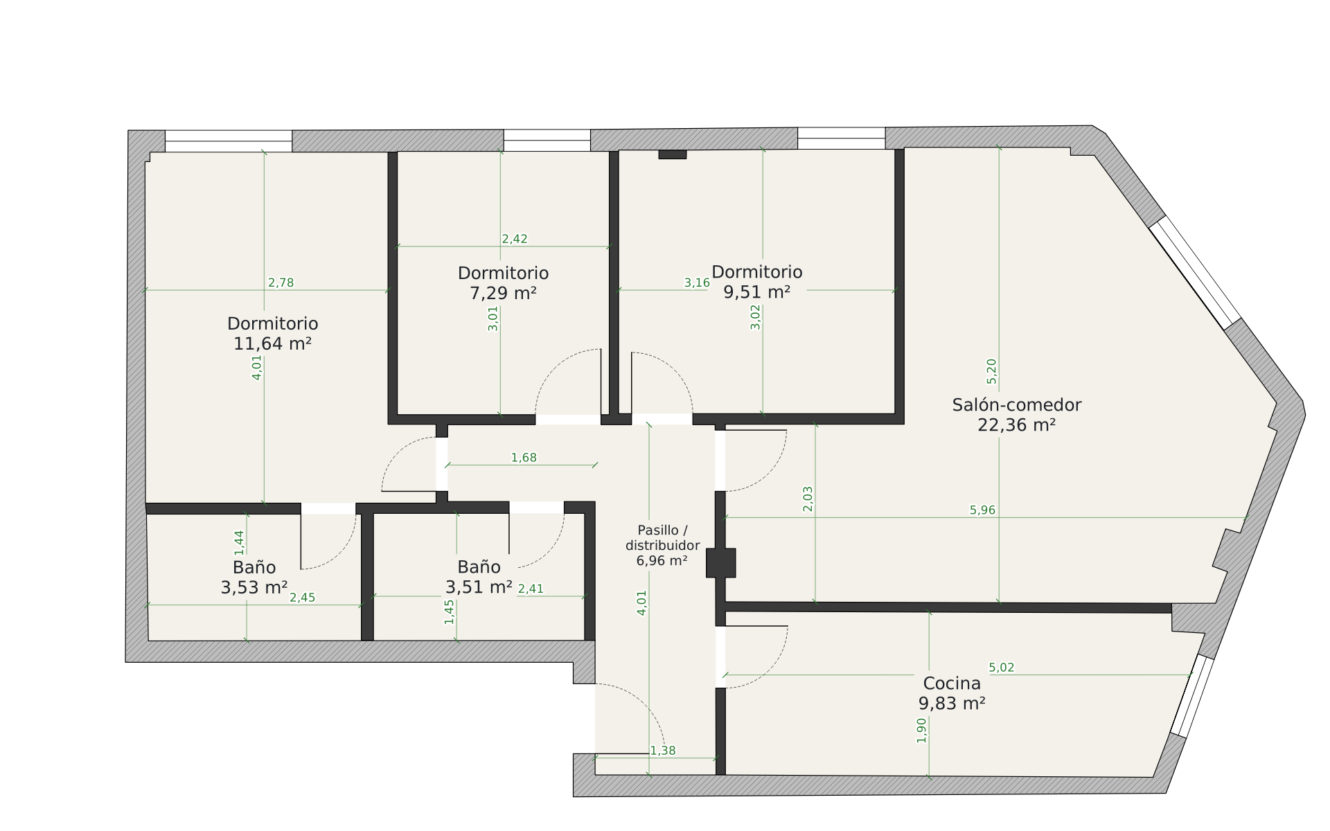 Dimensioned floor plan of the same dwelling, with usable areas and measurements per room
