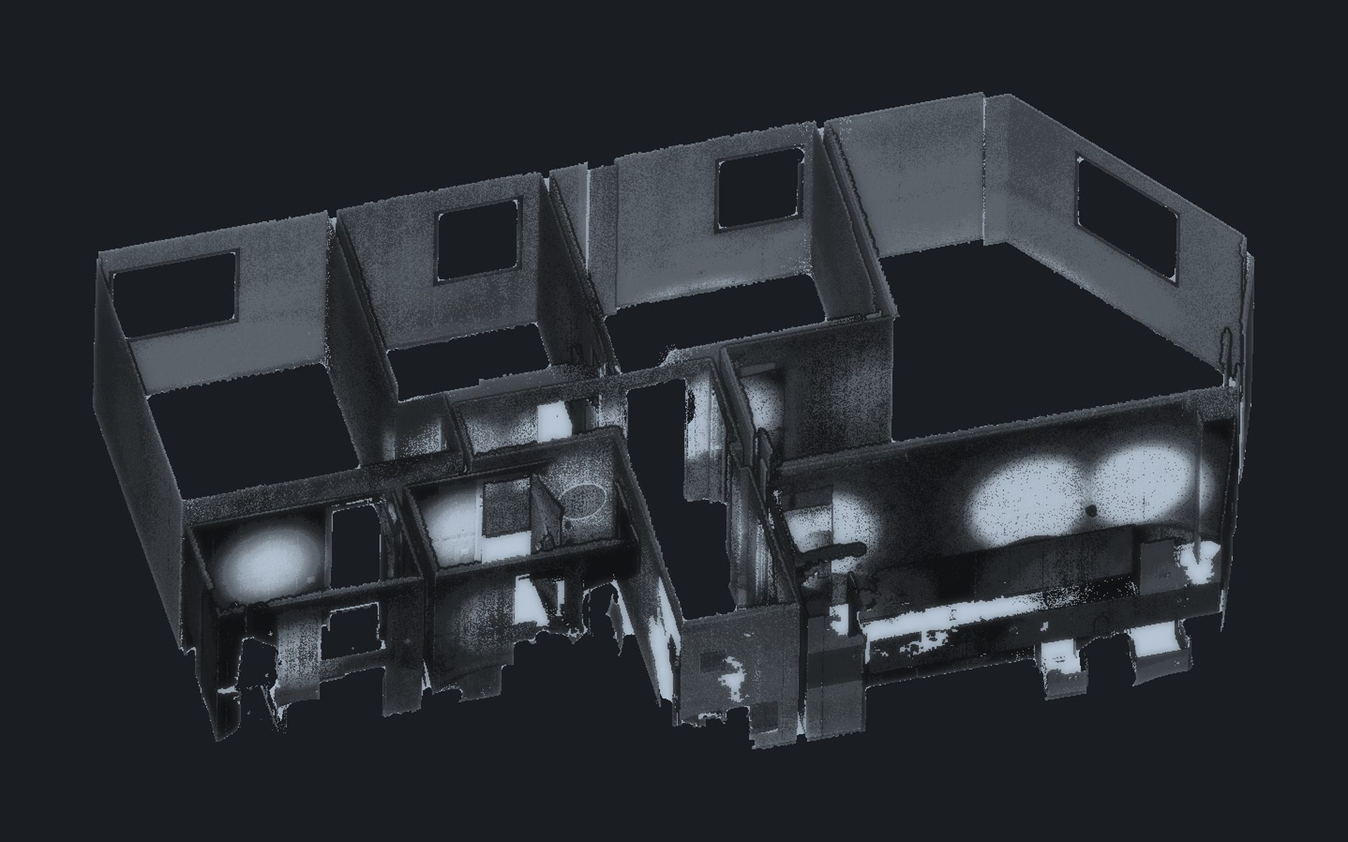 Laser scan point cloud of a dwelling: axonometric interior view with return intensity in greyscale