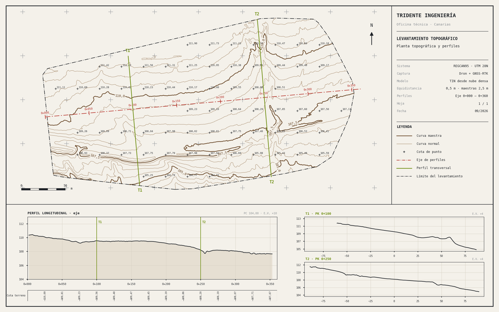 Topographic drawing with plan, longitudinal profile and cross-sections